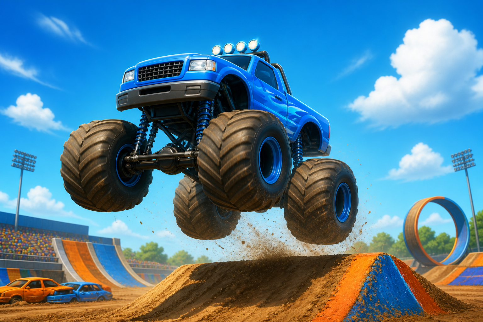 A big blue monster truck jumping over a ramp