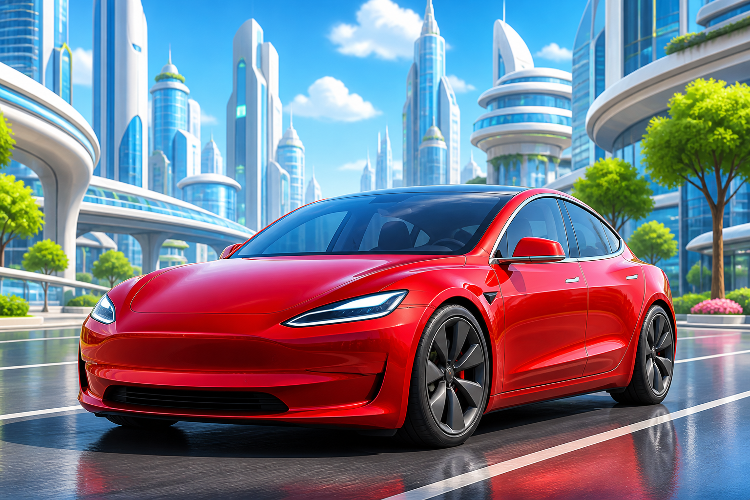 A modern red Tesla-style electric car in a city